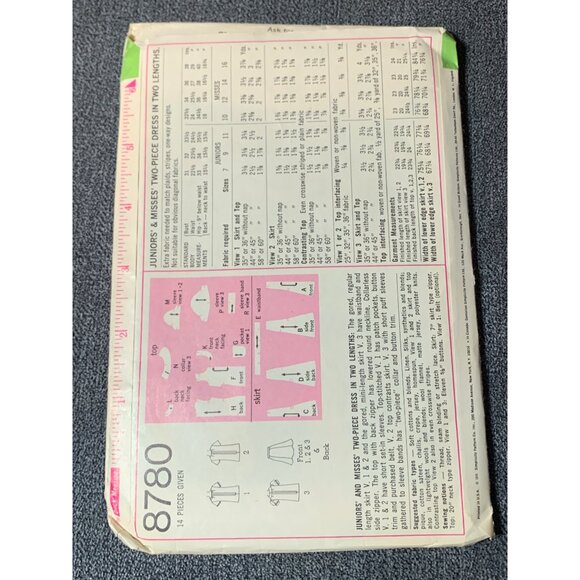 Simplicity 8780 Vintage Sewing Pattern 1969 Misses Size 12 Mini Dress uncut - Picture 2 of 2